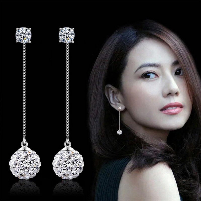 Original Handmade Earing Silver 925 Shambhala Crystal Ball Rhinestone Silver Plated Jewelry Long Fringed Tassel Earrings